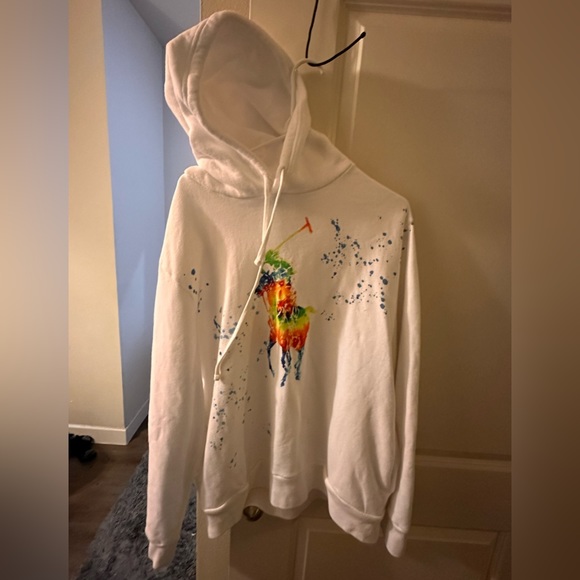 White / Tie die Polo Ralph Lauren pull over hoodie with paint spattered design. - Picture 2 of 4